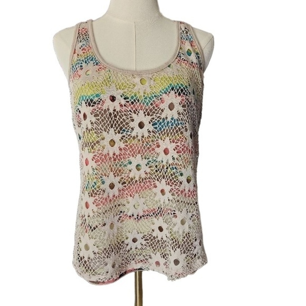 American Rag Cie Womens Tank Top Size M Cream Floral Crochet Overlay‎ Boho - Picture 2 of 9